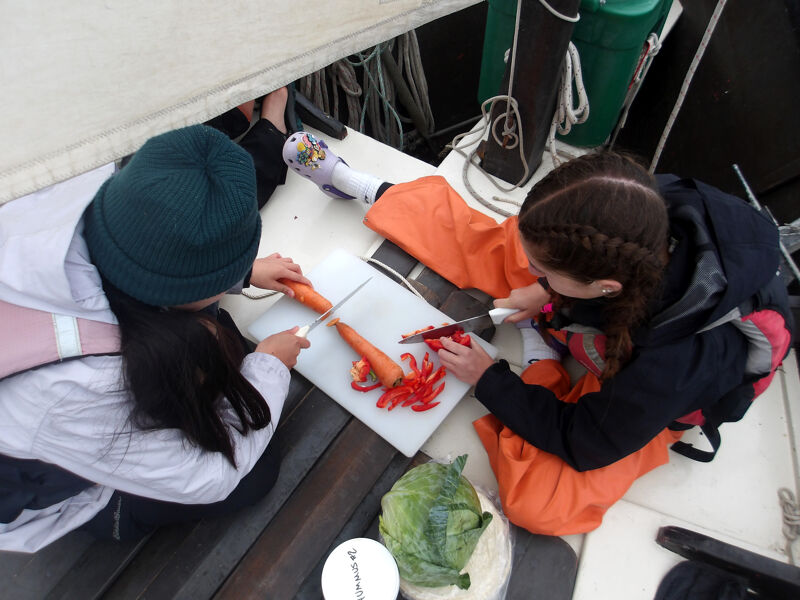From a high-angle perspective, two individuals are preparing food on a white cutting board. One person, wearing a green beanie and a white jacket, is on the left, while the other, sporting orange pants and a dark jacket, is on the right. They are cutting carrots and other vegetables, with a head of cabbage and a container nearby. The scene suggests they are cooking or preparing a meal together.